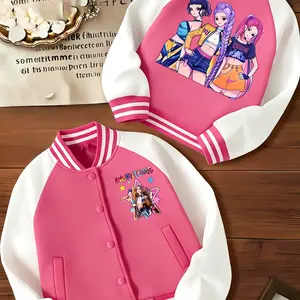 KPOP-Huntress Girl Group  Girls Short Baseball Jacket with Cartoon Design, Fitted Activewear for Kids, Elastic Fabric for Fall & Winter, Trendy School Uniform for Halloween