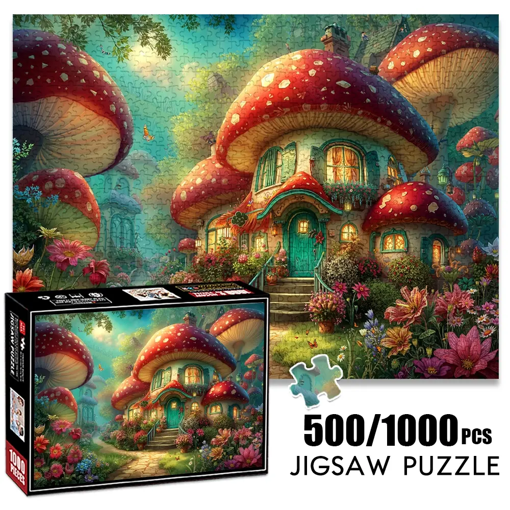1pc 1000 piece adult puzzle 70x50cm Enchanted Mushroom House in a Flower - Filled Garden 500 pieces paper jigsaw puzzle Family Puzzle suitable for DIY creative Crafts games for adults and families, birthday and holiday, Art Puzzles Gift