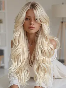 Dyed Wig, Medium Part Bangs Long Curly Hair, Full Head Set, Rose Net Fashion Natural Smooth, Synthetic Hair Wig, All Seasons