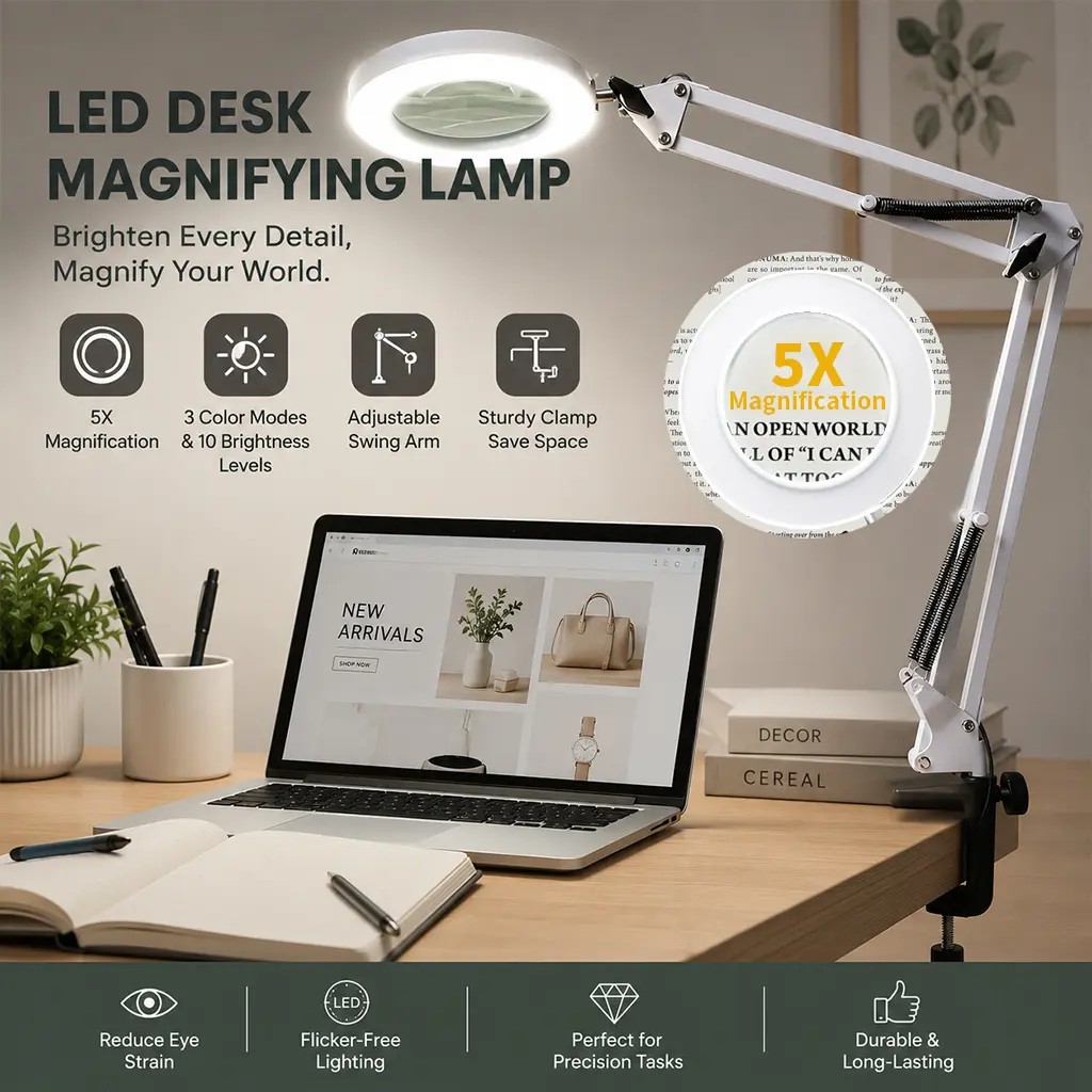 5X Magnifying Glass with Light Dimmable Desk Lamp, Adjustable Swing Arm Clamp Lamp with 3 Color Modes & 10 Brightness Levels, Brighten Tasks, Perfect for Precision Tasks, Manicure, Crafting