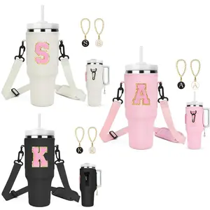 A-Z Water Bottle Holder Bag for Stanley 40oz Tumbler with 2 Letter Charm, 1Pcs Self-adhesive Chenille Letter, Initial Bottle Carrier with Strap for Stanley Cup Accessories Valentine's Day, Birthday, New Year, Christmas Holiday Gifts Drinkware Accessories