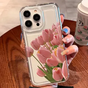This pink tulip-patterned, drop-proof, non-slip TPU case features a large-aperture lens airbag design and is compatible with iPhone 17, 16, 15, 14, 13, 12, 11, XS, X series, and more. It makes a great gift for friends or family.
