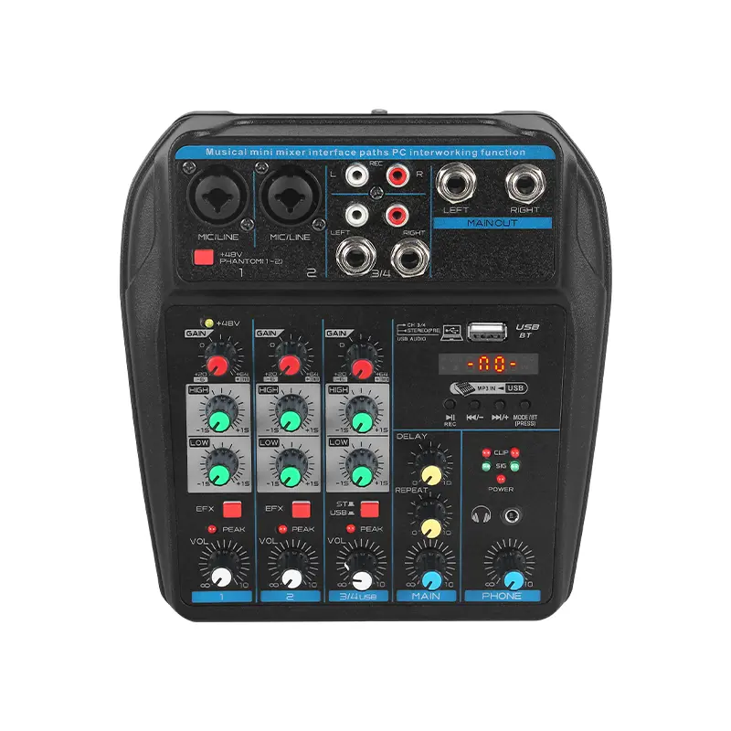 4-Channel Portable Mini DJ Mixer Sound Board - DJ Mixing Console, Bluetooth & USB Sound Card Podcast Equipment Kit, Plug-and-Play for Live Streaming, Podcast, Compatible with PC/Phone/Tablet, Electronic Audio Interface Mixer