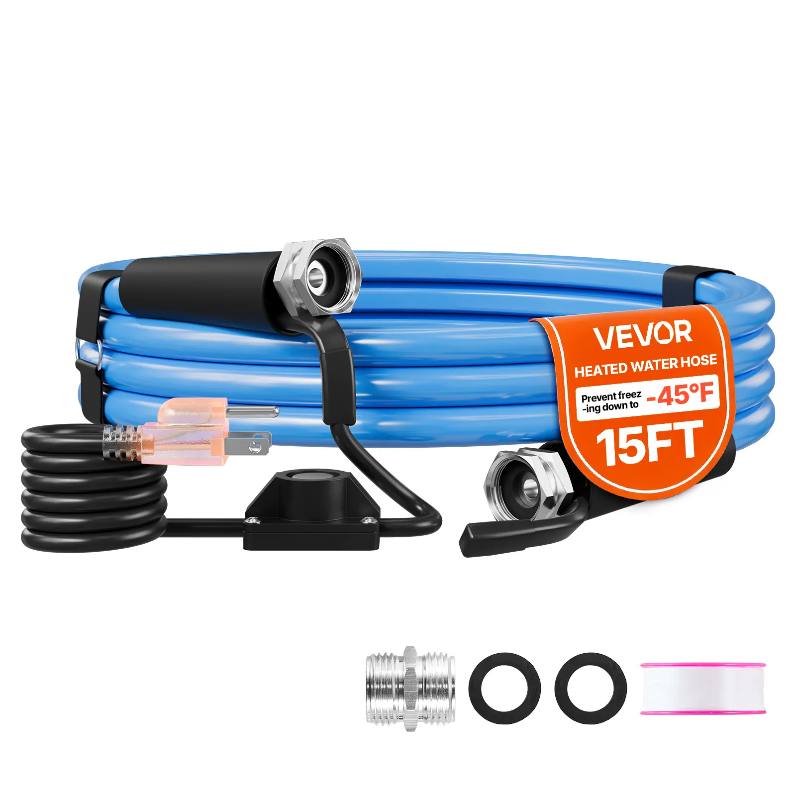 VEVOR 15FT Heated Water Hose for RV Antifreeze to -45°F Drinking Water Hose, 1/2" ID, Smooth Surface, Built-in Thermostat, Freeze & Leak-Proof, Lead and BPA Free, Fast Heating for RV Camping Garden