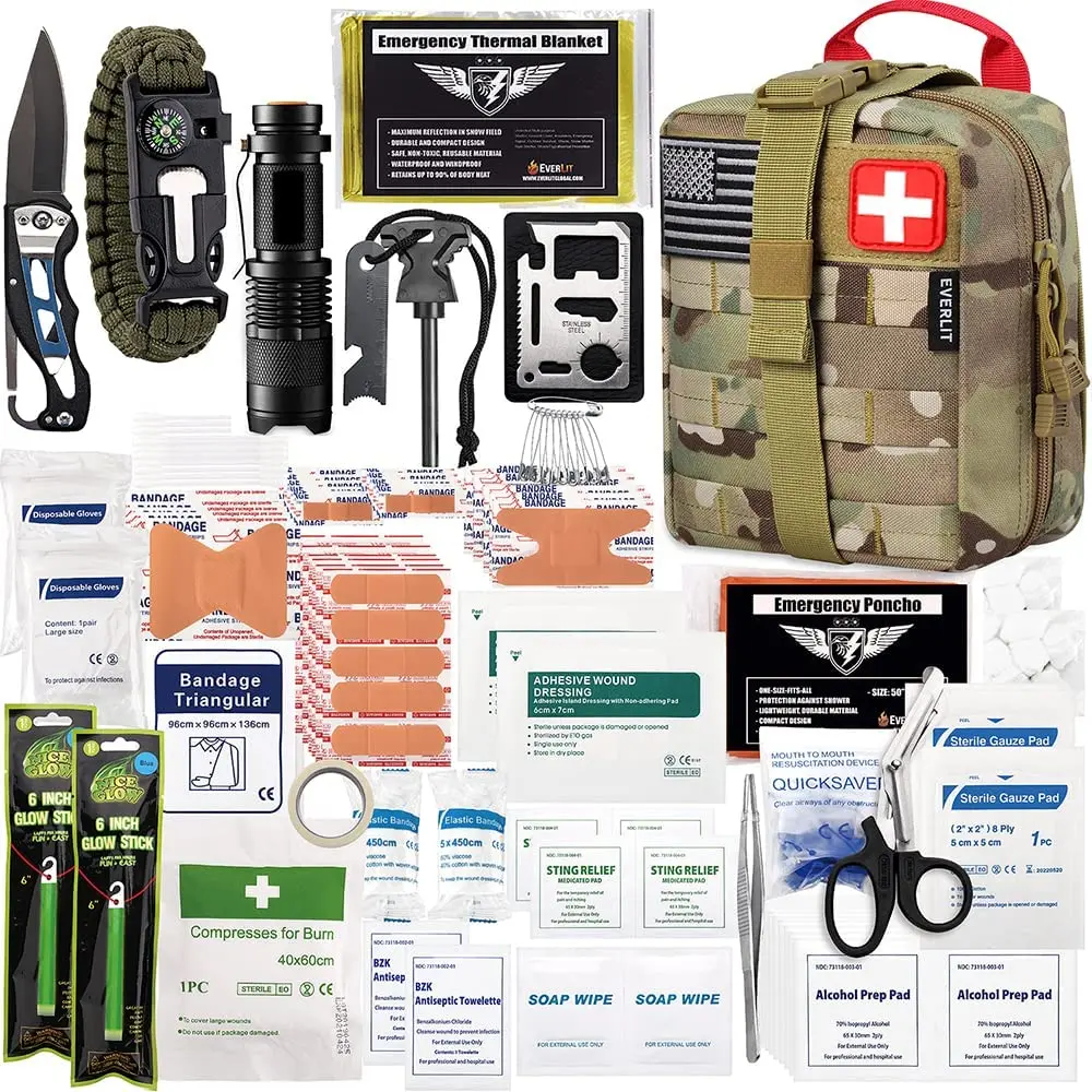EVERLIT 250 Pieces Survival First Aid Kit IFAK EMT Molle Pouch Survival Kit Outdoor Gear Emergency Kits Trauma Bag for Camping Boat Hunting Hiking Home Car Earthquake and Adventures EVERLIT SURVIVAL