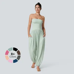 Halara Ribbed Tube Backless Plicated Side Pocket Casual Jumpsuit Overalls Elastane