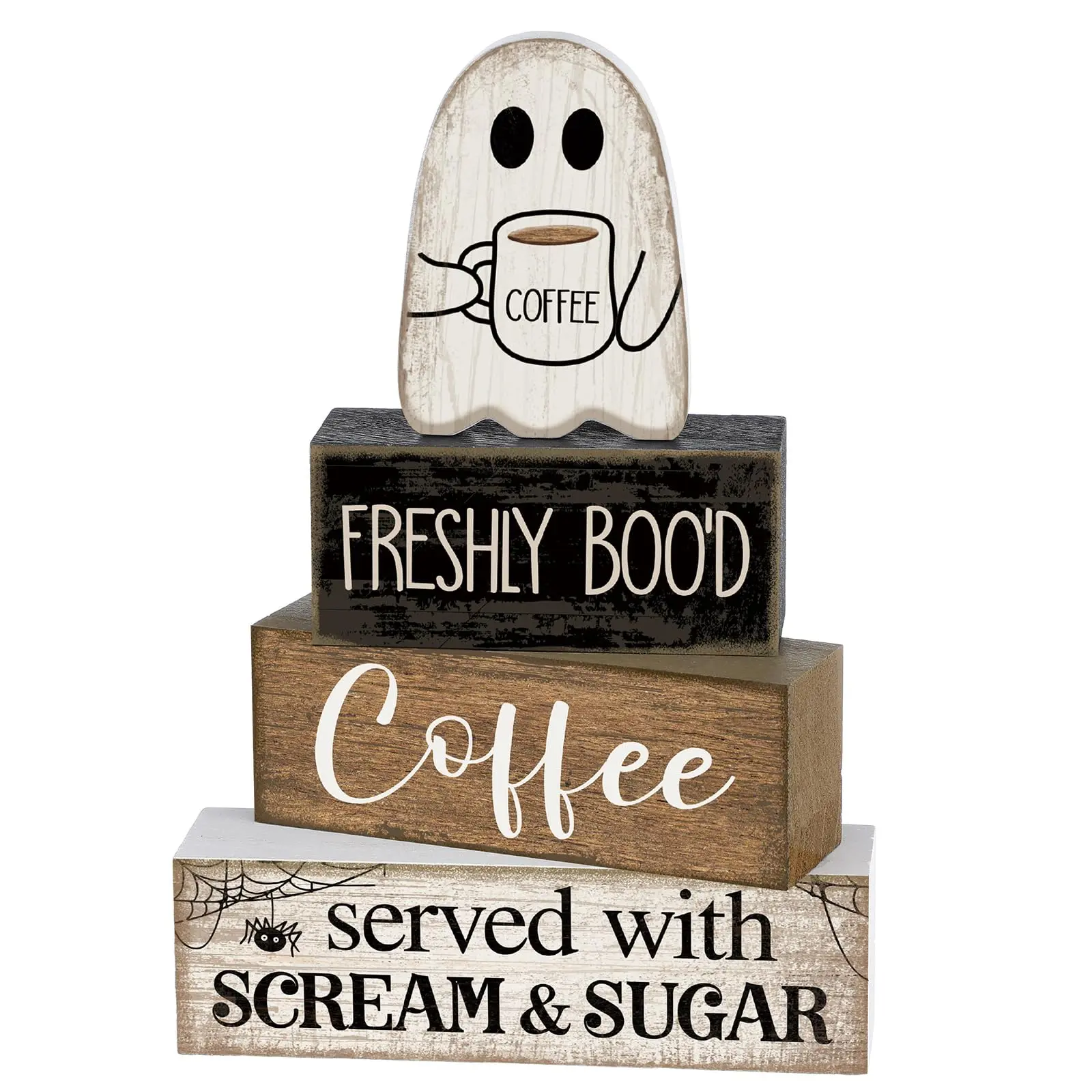 4-Piece Halloween Decorations Set - Decorative Contemporary Ghost Centrepieces, Coffee Ghost Wooden Plaque and Sign, Layered Tray, Coffee Bar Block Sign, Artistic Home Accessory, Novelty Decor for Home, Office Kitchen Shelves, Halloween Things, Dining Tab