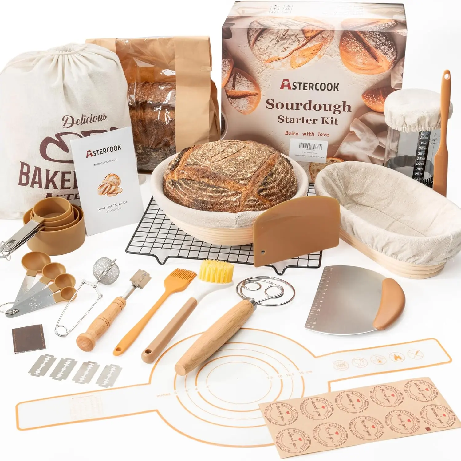 Astercook Sourdough Banneton Bread Proofing Basket Set with Dough Scrapers, Bread Making Kit for Homemade Sourdough, Artisan Bread Baking Supplies for Beginners and Home Bakers Bakeware