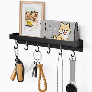 Black Key Holder Wall Mount, Stainless Steel Self Adhesive Hooks Rack with Shelf, No Drill Key Hanger for Door and Wall