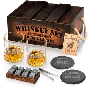 Whiskey Crate Gift Set with Diamond Glasses & Chilling Stones