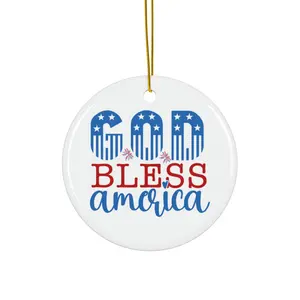 GOD BLESS AMERICA ORNAMENT, CHRISTMAS DECORATIONS, 3 INCHES CIRCLE ORNAMENT, CERAMIC ORNAMENT