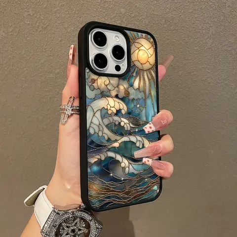 Magnetic Stained Painting Sun Waves Phone Case for iPhone 11-18 Pro Max, MagSafe-Compatible TPU Silicone Aesthetic Cover with Fall Resistance, Lightweight Girly Chic Phone Accessories for Device Protection