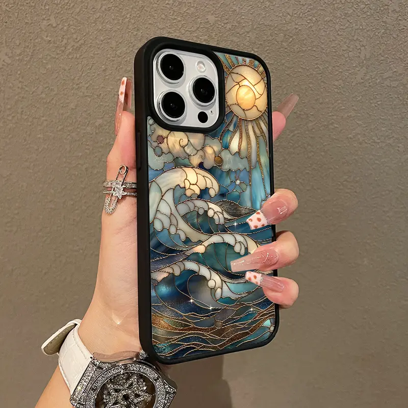 Magnetic Stained Painting Sun Waves Phone Case for iPhone 11-18 Pro Max, MagSafe-Compatible TPU Silicone Aesthetic Cover with Fall Resistance, Lightweight Girly Chic Phone Accessories for Device Protection