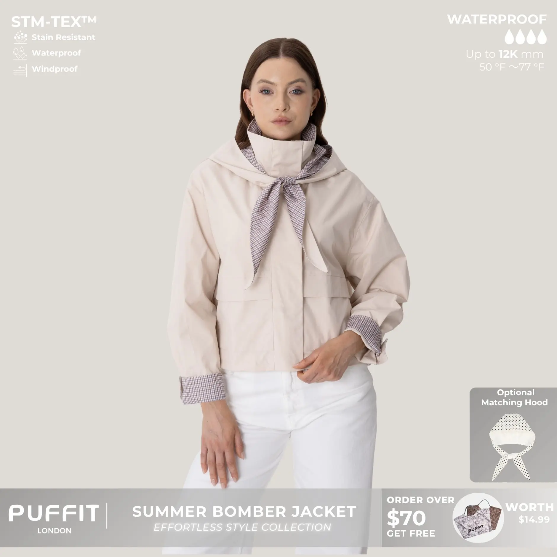 PUFFIT Effortless Style Funnel Neck Bomber Jacket With Adjustable Hem,High Neck Zip-Up Casual Outerwear,Stain Resistant,Windproof,Women's Rain Jacket,Breathable Stylish,Inner Pocket Design,Outdoor Sport,Spring Summer Jacket,Womenswear,Windbreaker