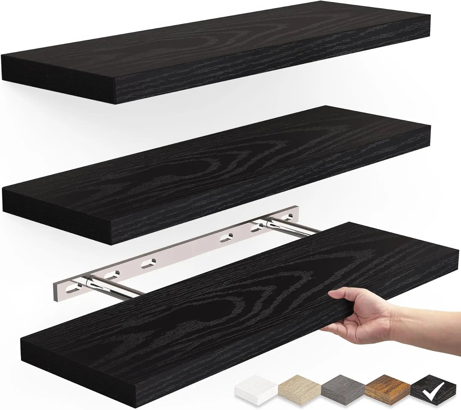 3-Pack 16-Inch Durable 1-Layer Wooden Floating Wall Mounted Shelf Set - Lightweight, 22lbs Capacity, Easy Installation Home Decor Shelves for Bedroom, Kitchen Hanging Use