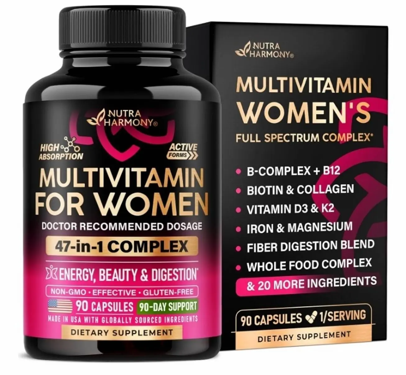 Multivitamin for Women - B-Complex | Whole Foods | Hair Growth Support | Digestion & Metabolism | Iron - 47in1 Womens Multivitamin - Bioavailable & Gentle on Stomach - 90 Capsules, 3 Month Supply