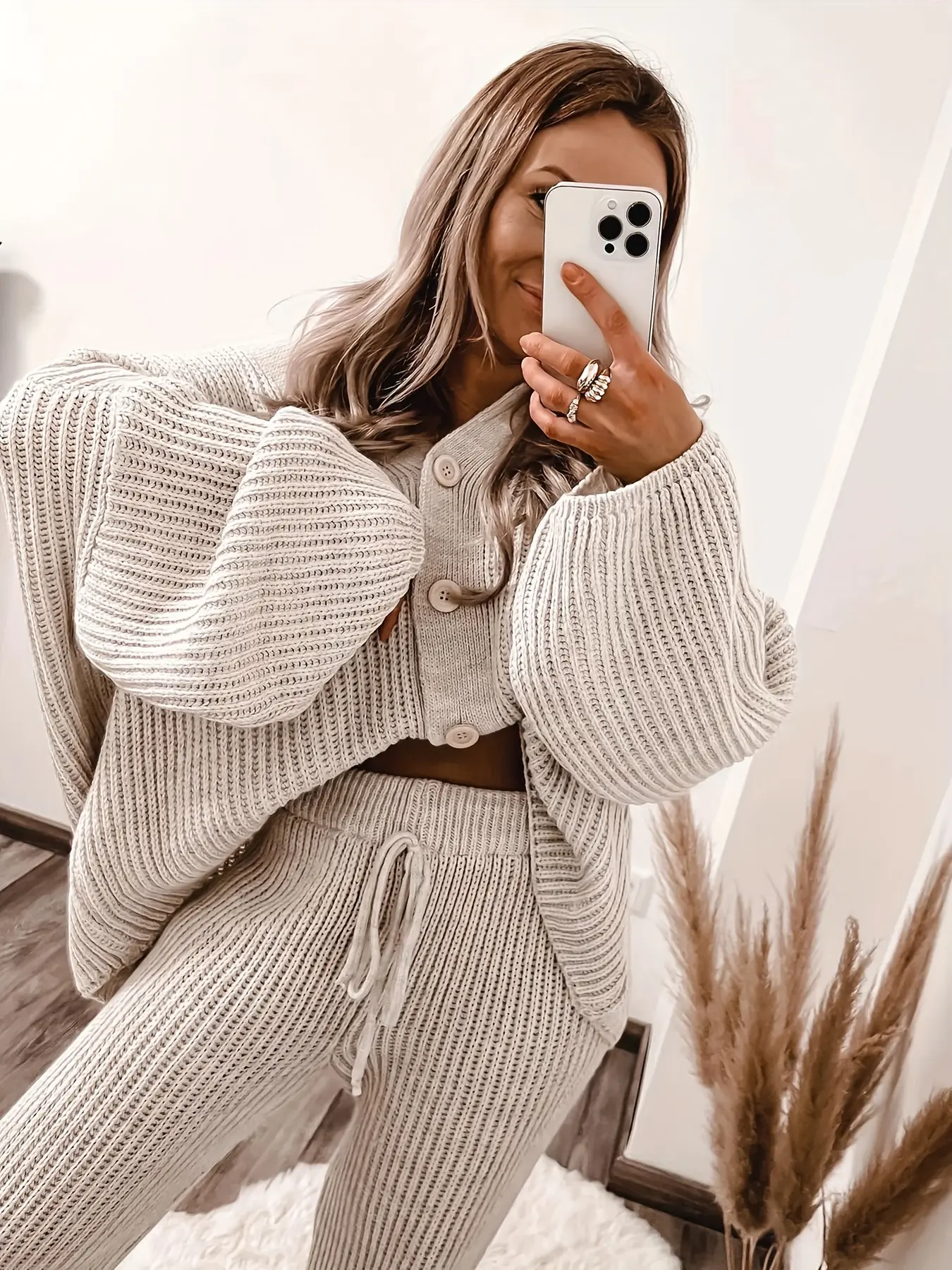 Elegant Women's Two-Piece Set, Ultra-Loose Fit V Neck Cardigan & High Waist Pants, Perfect for Spring, Autumn, Winter
