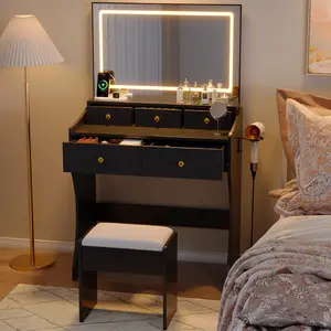 Modern Black LED Vanity Table Set with Padded Stool, Illuminated Makeup Mirror, Built-In Power Outlet, Hair Dryer Holder and 5 Large Storage Drawers for Bedroom Beauty Styling