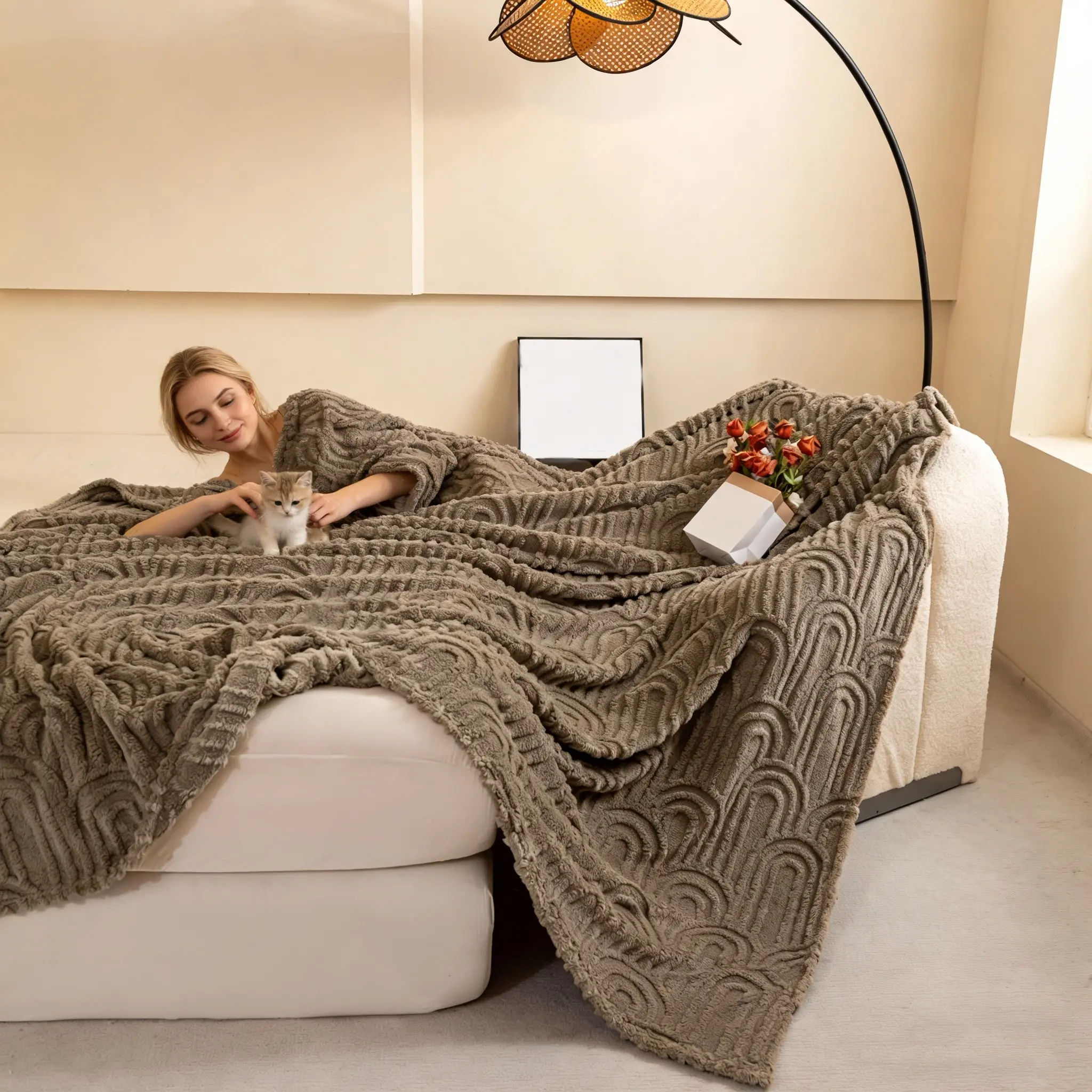 Ruffled Edge Plush Cozy Throw Blanket with Embossed Design, King/queen Size, Available in Multiple Colors for Bedroom, Living Room, Office or Camping