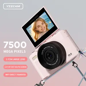 5K digital camera with 75-megapixel resolution, includes a free 32GB microSD card, 3-inch 180-degree flip screen, 18x digital zoom, Wi-Fi transfer to smartphone, built-in beauty filter, and flash
