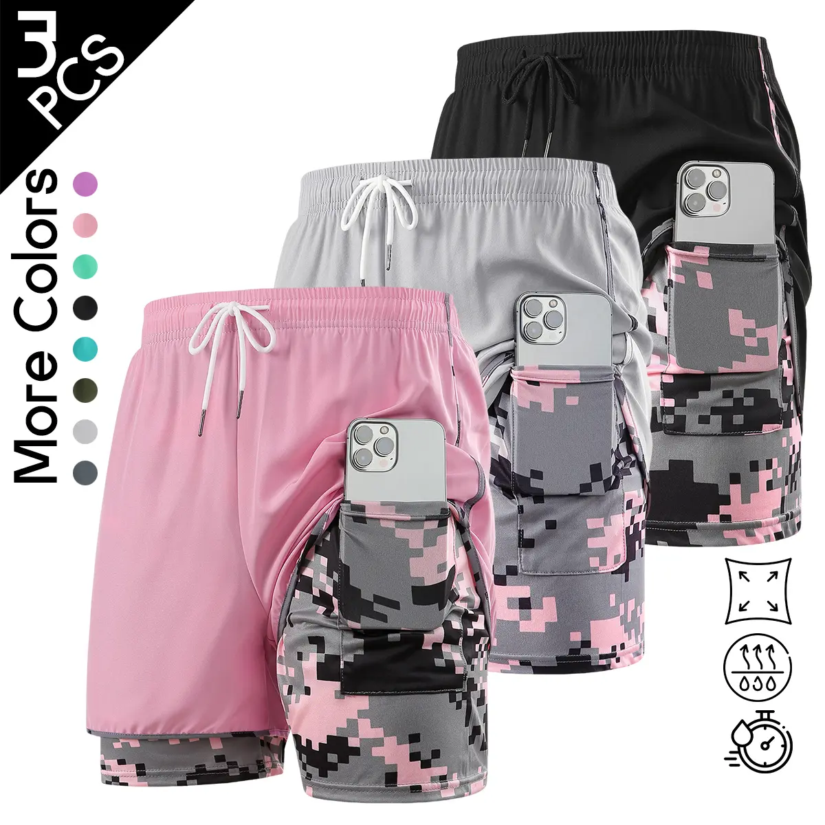 3PCS Pack Women's Double Layer Shorts, Anti-Chafe Workout Shorts with Built-in Compression Liner & Phone Pocket, High Waisted Athletic Shorts