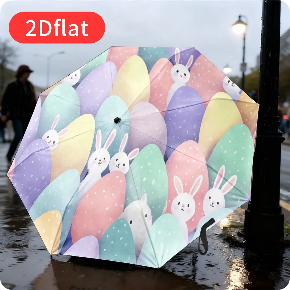An Easter Bunny Folding Umbrella – Featuring an adorable cartoon bunny and colorful egg pattern, this lightweight and portable folding umbrella boasts a durable canopy made of sturdy plastic and metal, ideal for travel,
