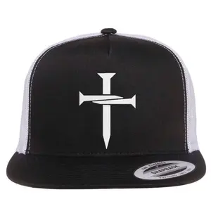 Jesus 3 Nails Cross Christian Faith Catholic King Of Kings Embroidered Flat Bill Trucker Hat, Durable Polyester Blend, Snapback Closure, Available in Multiple Colors