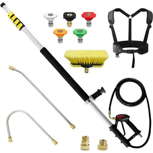 Aluminum 24 FT Telescoping  Washer Wand with  Washer Extension Wand,Gutter Cleaner Attachment, 5 Spray Nozzle Tips, 2 Hose Inlet Adapters and Support Harness