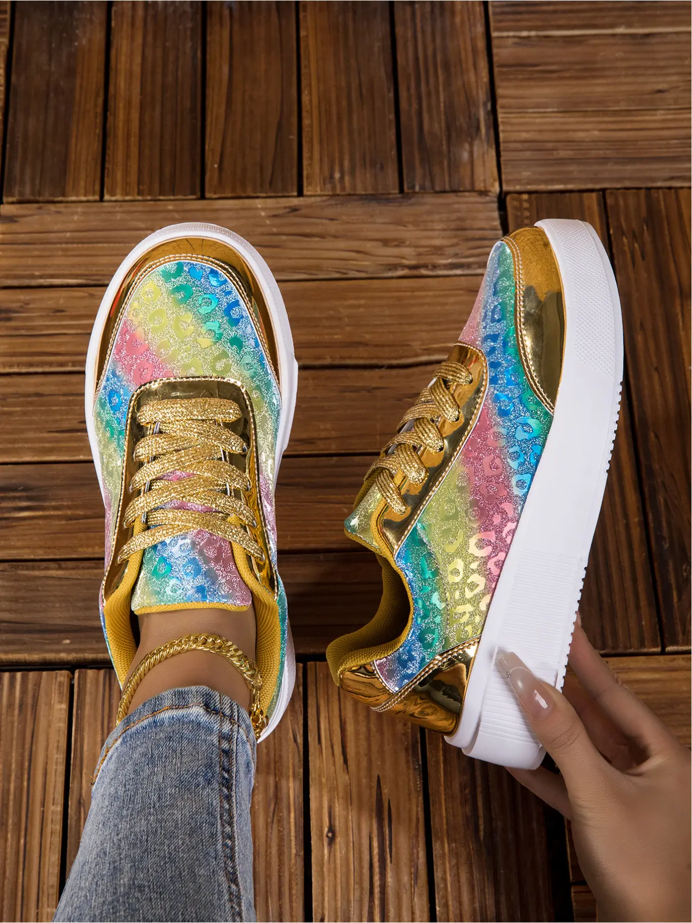 Women's Rainbow Glitter Platform Sneakers, Shiny Gold Metallic Casual Shoes, Fashion Colorful Leopard Print Lace Up Walking Shoes for Party, Streetwear, Daily Wear, Sports Shoes, Trendy Shoes
