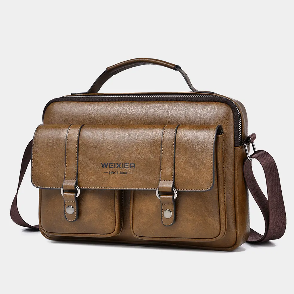 WEIXIER Men's Chic PU Leather Messenger Bag, Large Capacity Business Shoulder Satchel with Adjustable Strap, Fits 7.9-Inch Tablet