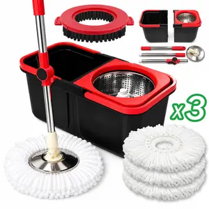 detachable design, Spin mop bucket set  360° Rotatable & Adjustable.detachable design, stainless steel telescopic rod, double-basin mop bucket with built-in drain hole for easy home storage, Includes 1 brush 3 reusable microfiber mop heads cleaning