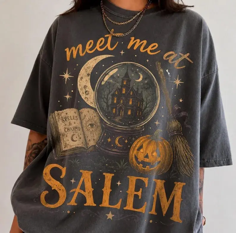 Comfort Colors Meet Me At Salem Shirt, Witchy Halloween Graphic Tee, Vintage Haunted House T-Shirt, Spooky Season Apparel, Dark Cottagecore Fall Shirt