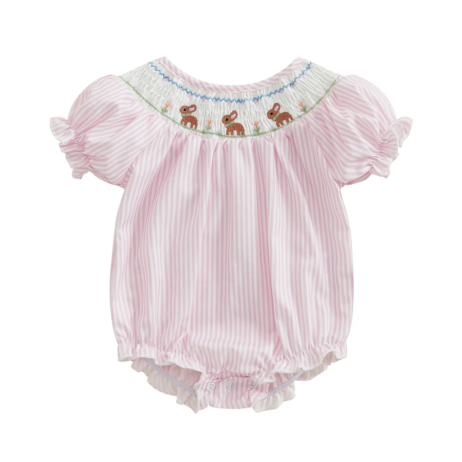 Newborn Baby Girl Easter Outfit Bunny Floral Embroidery Smocked Bubble Romper Short Sleeve Striped Jumpsuit Clothes 0-24M