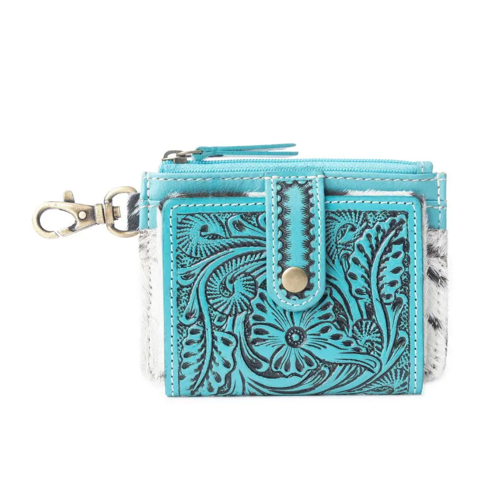 Myra Bag Women's Artisanal Cowhide Embossing Flap Card Holder Wallet - Wildflowers of the Prairie Design, Turquoise Tooled Leather, Hair-On Hide, Chain-Attached Attachment, Western Luggage & Bags Accessory, Wallets for Women, Flap Women's Wallets