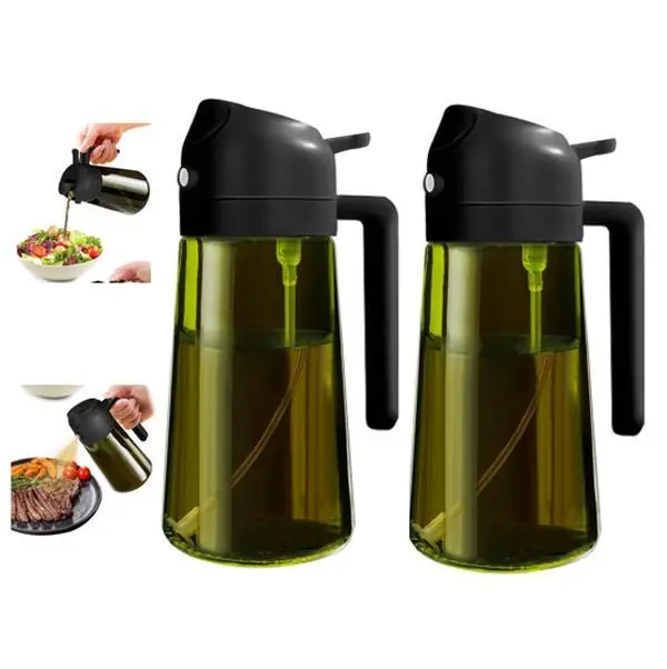 2-in-1 cooking oil sprayer, 16-ounce kitchen dual-purpose olive oil dispenser bottle, food-grade light-proof and leak-proof glass spray bottle for salads, air fryers, and barbecues