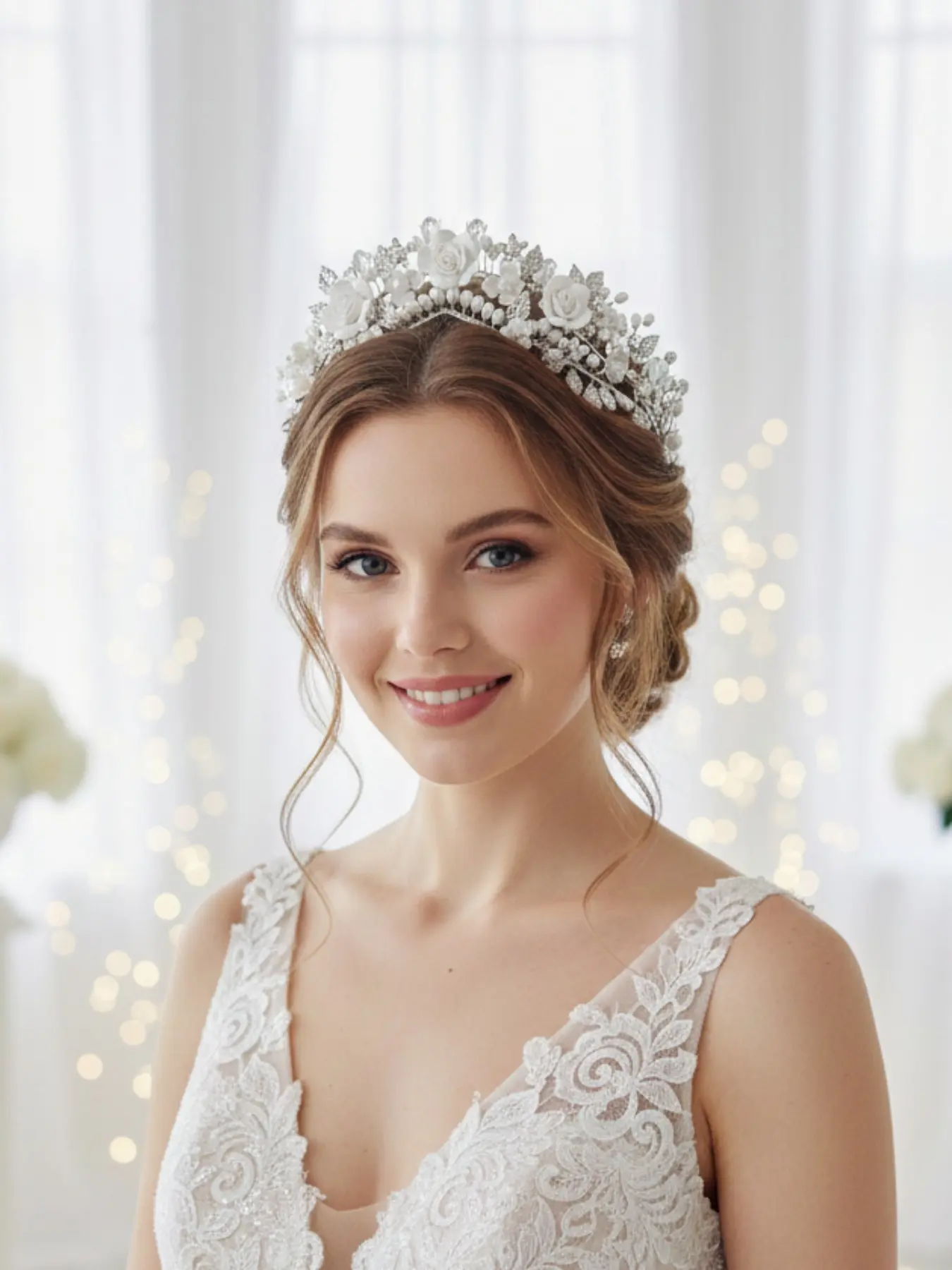 Silver Color Leaf Artificial Pearl Rose Elegant Crown Design, Forest Fairy Tale Elegance Bridal Hair Accessory, Wedding Day Headpiece