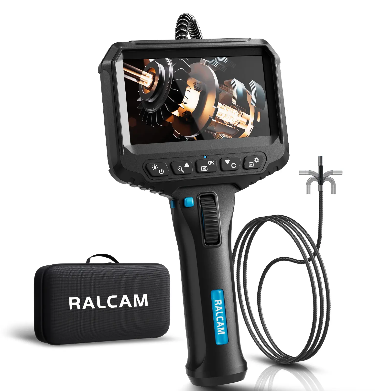 Ralcam 210° Articulating Borescope with 210° Articulating Probe, 6.2mm/0.24in Slim Probe, 2-Way Steering Wheel, 6 Adjustable LED Lights, 1m Semi-Rigid Cable, 2200mAh Rechargeable Battery, 4.3-Inch Display, 3-Hour Use for Automotive, Plumbing Repairs, Vide