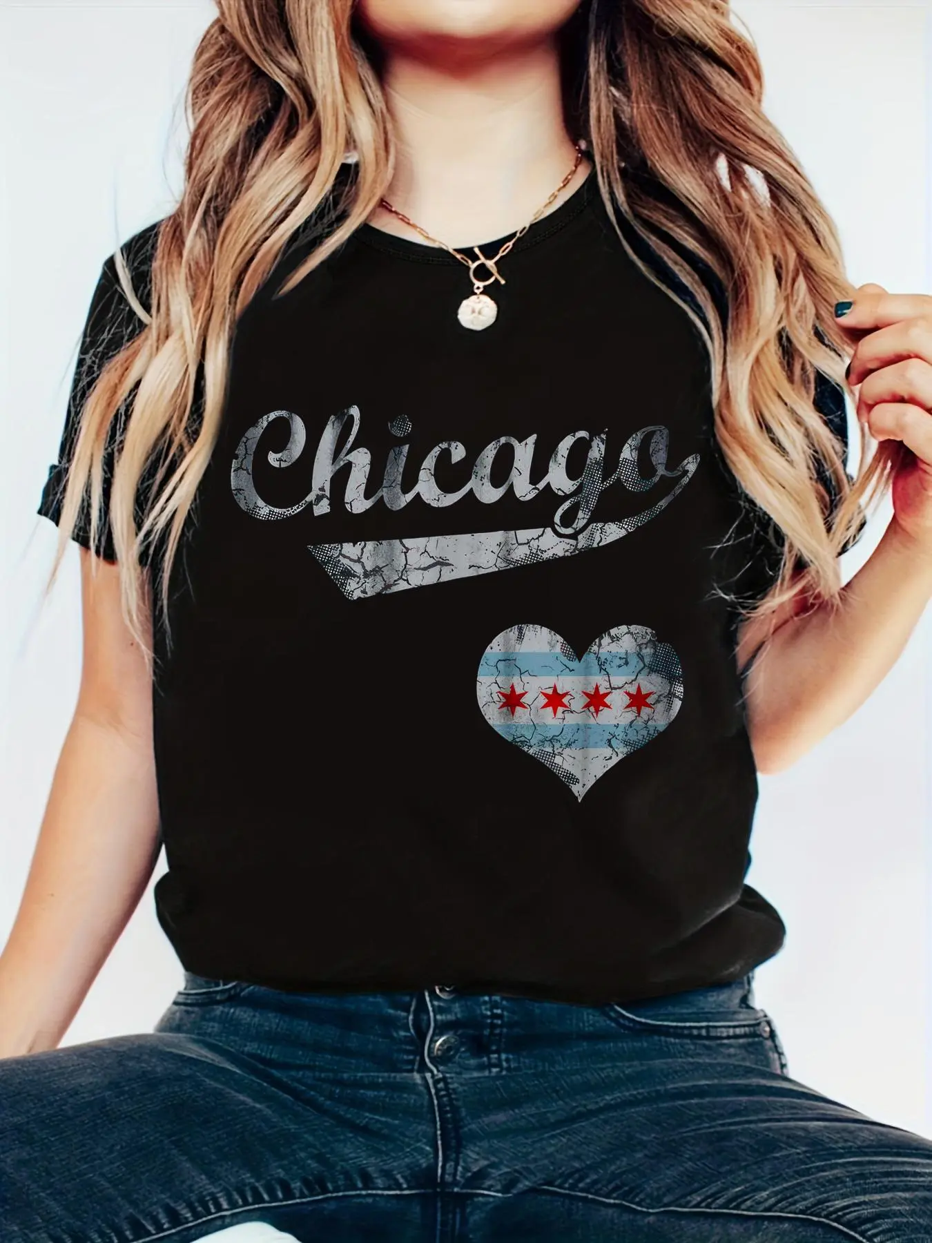 Women's Vintage Chicago Flag Graphic 100% Cotton Short Sleeve T-Shirt - Loose, Round Neck, Versatile Style for Layering, All Seasons, Business Casual Wear, XX-Large, Tumble Dry, Do Not Bleach, Loose Fit