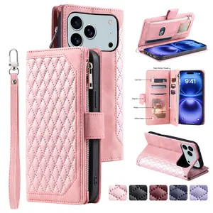 Crossbody Wallet Case for iPhone 17 16 15 14 13 12 Pro Max Plus – Leather Zipper Phone Case with Card Holder, Kickstand & Strap, Magnetic Flip Purse Cover for Women