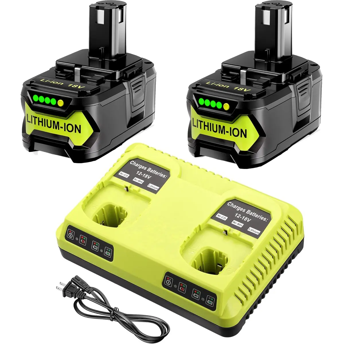 2Pack 5.0Ah P108 Battery + 2Port P117 Fast Charger Dual Channel  for Ryobi Oneplus Battery P100 P102 P103 P105 P107 P109 Ryobi 18v Battery and Charger Combo Lithium High Capacity