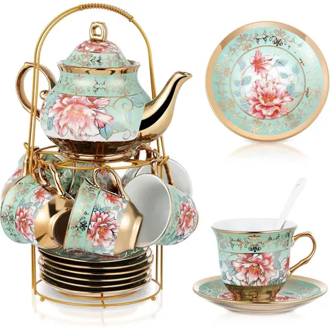 Women's 20-Pcs Floral Ceramic Tea Cup & Saucer Set with Metal Holder, Teapot, European Painted Design, Fresh Style Home Party Supplies Gift Set (No Extra Components Needed)