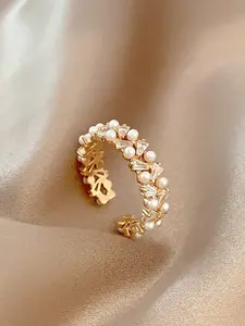 Faux Pearl Decorated Hollow Out Design Cuff Ring, Fashion Rings, Elegant Jewelry for Women for Party, Daily Clothing Decor, Trendy All-match & Exquisite Jewelry for Birthday Gift