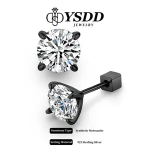 【#163 Screw Back】Black Screwback Earring Synthetic Moissanite Earrings in 925 Sterling Silver 0.3-1CT Birthday Mother's Day Gift for Men Women Wedding