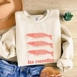 Shrimp Sweatshirt French Coastal Ocean Crewneck Gift for Shrimp Lover Oversized Sweater Plus Size Trendy Shirt Cute Vacation Graphic Prawn