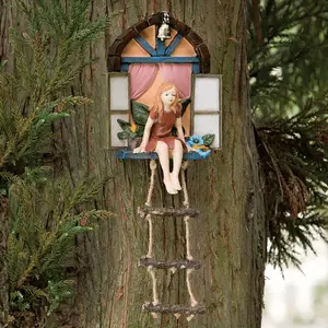 Enchanted Fairy Door with Ladder Figurine - Resin Tree Hanging Sculpture for Home & Garden Decor, Versatile for Indoor & Outdoor Use, No Electricity Needed, Whimsical Yard Art Statue