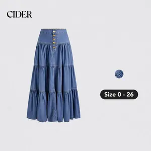 Cider [size 0-26] Denim High Rise Solid Tiered Button Pocket Maxi Skirt