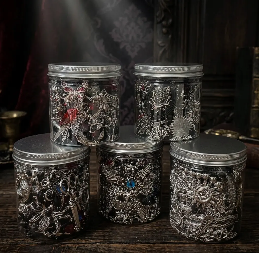 Dark Gothic Style Mystery Jewelry Jar Set, Women Costume Jewelry Collection, Including Rings Necklaces Earrings, Spooky Halloween Decor, Punk Goth Aesthetic Accessories for Cosplay & Daily Wear