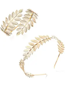 Greek Goddess Style Gold Foil Leaf Headband Bracelet Set, Adjustable Halloween Costume Jewelry for Women, Party Wedding Crown Arm Ring