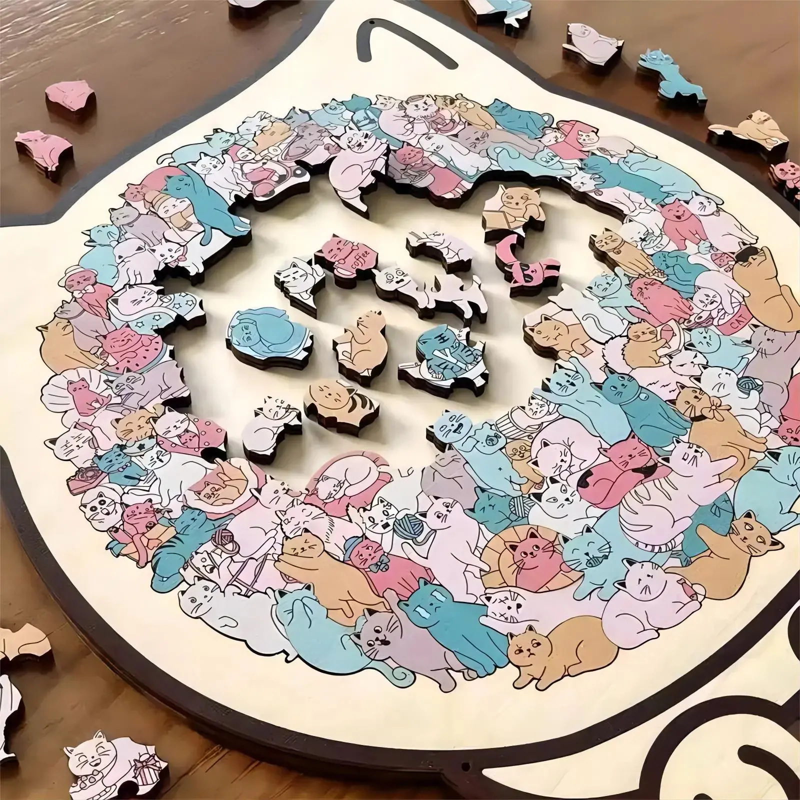 135-Piece Colorful Fun Cat-Shaped Wooden Puzzle–A stress-relieving gift,this detailed cat-themed puzzle comes with a display stand and dust cover.A creative gift for cat lovers and puzzle enthusiasts, perfect for home décor. Morandi Animal Puzzle Series