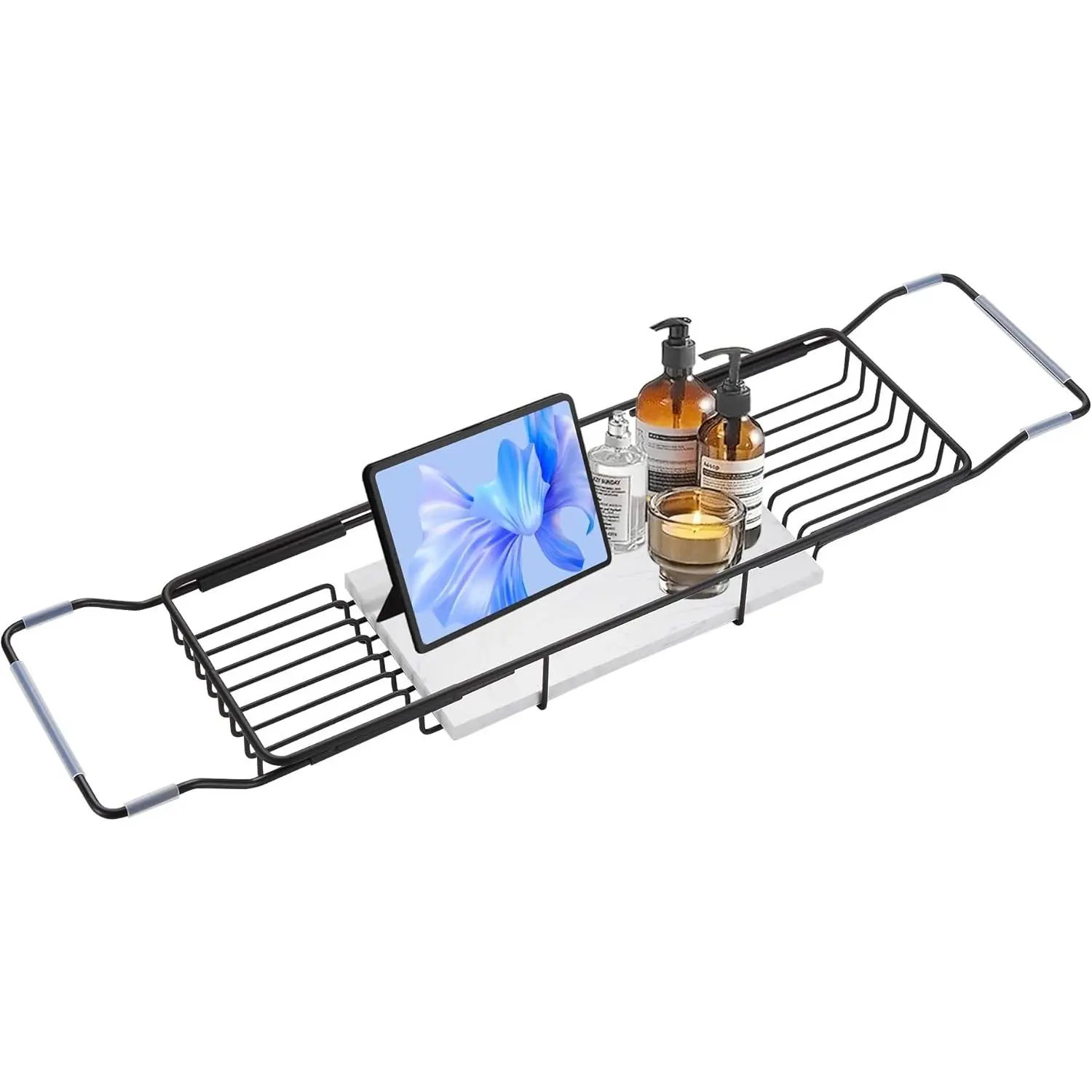Matte Black Adjustable Modern Stainless Steel Bathtub Tray with White Marble Base - Rustproof Steel&Marble Bath Caddy for Spa Relaxation, Glass Decorative Marbles Storage